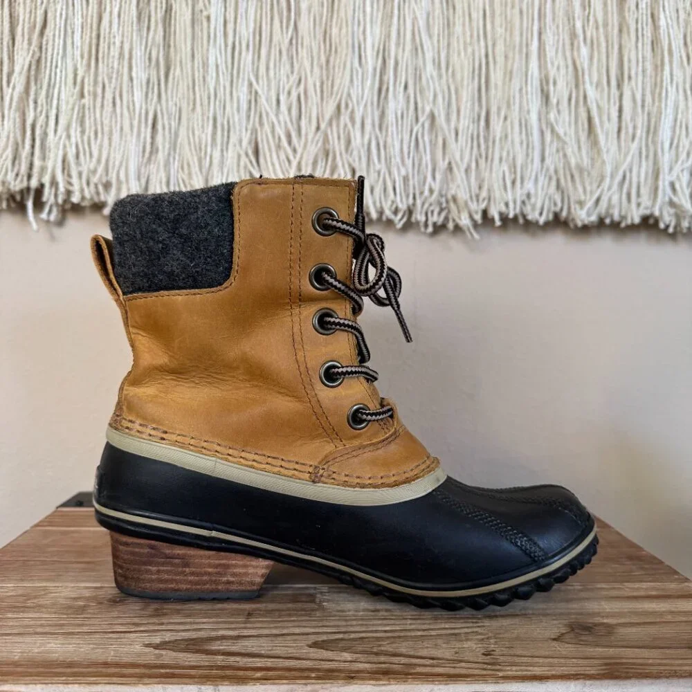 SOREL Slimpack II Waterproof Tan Leather Upper Black Rubber Duck Boot‎ Size 7